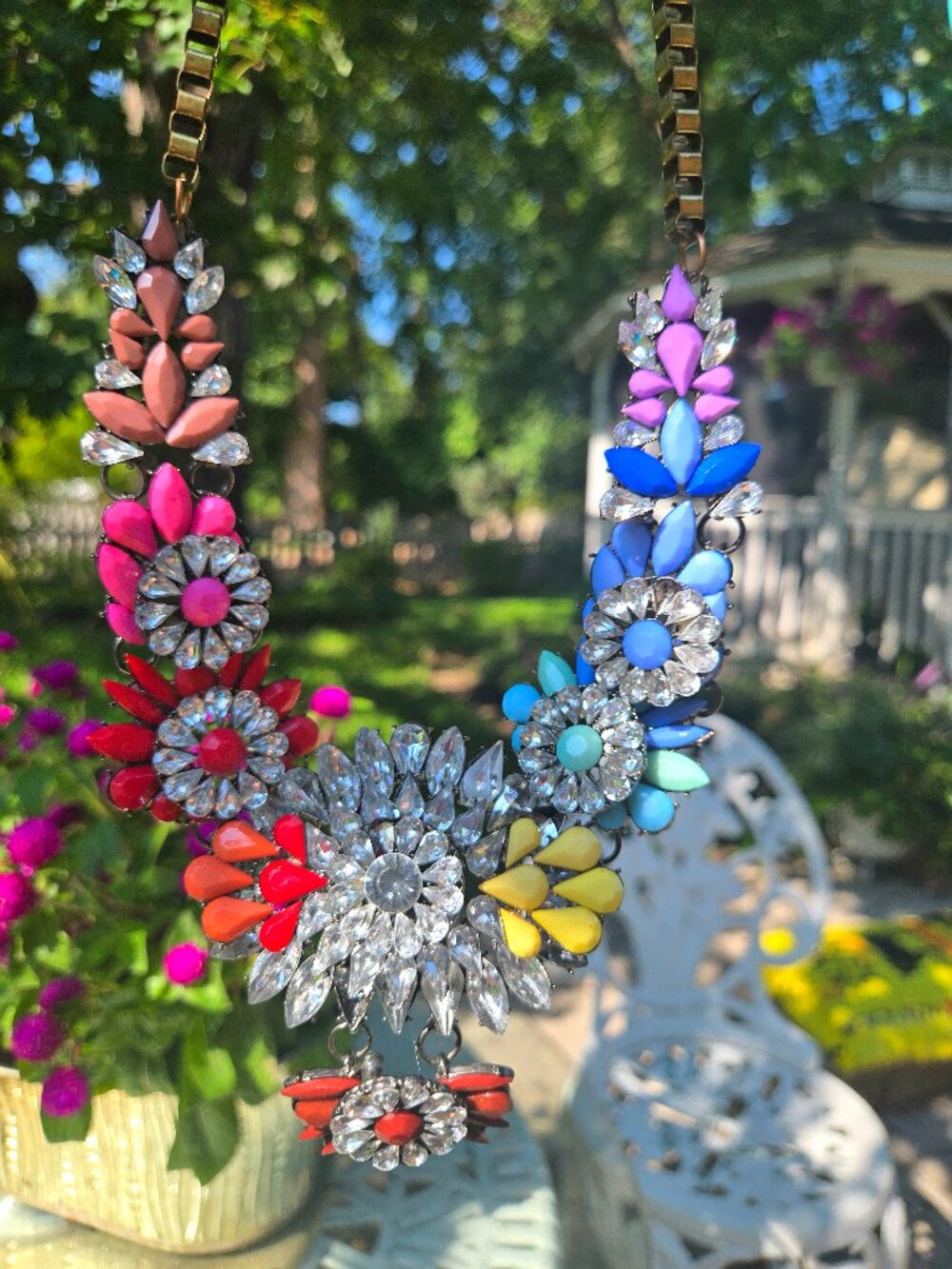 Rainbow crystal floral bib necklace